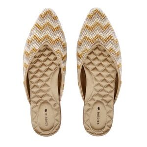 Birdies THE SWAN in Champagne Beaded Chevron Gold Cream Chevron Flats Womens 9.5